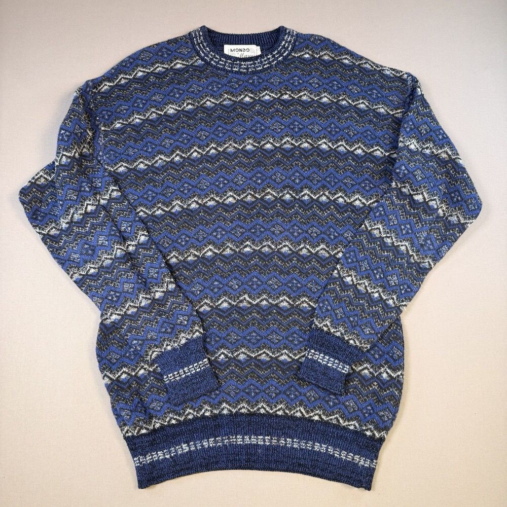 Vintage Mondo Di Marco Sweater Mens Large Blue Large Knit Pullover Geometric